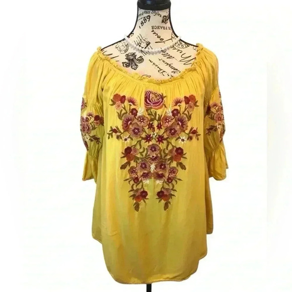 Andre By Unit Medium Goldenrod Floral Embroidered Peasant Blouse Puff Sleeves - Picture 1 of 7